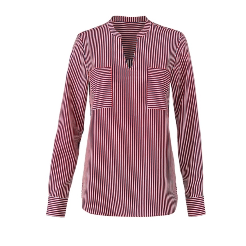 NWOT Cabi Franklin Blouse. Red, white, blue pinstriped. Size XL.